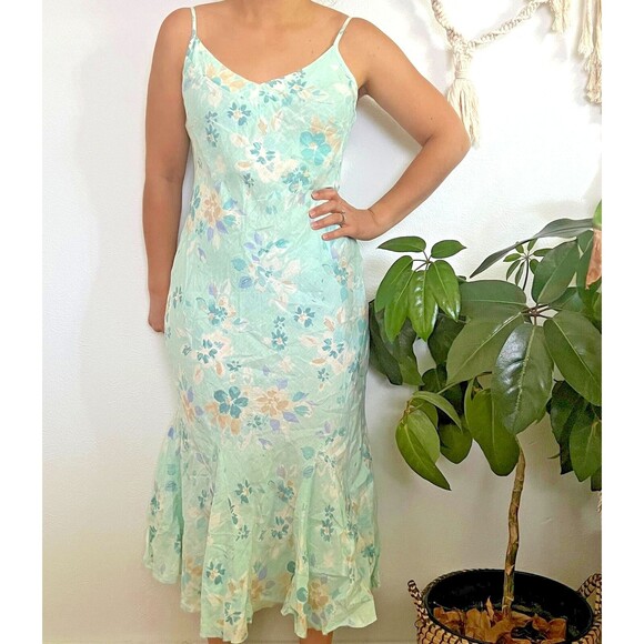 Unbranded Dresses & Skirts - vtg y2k 90s bias slip dress cottagecore mermaid green floral ruffle Medium strap